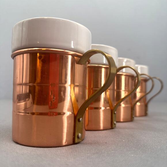 VTG 60s MCM Copper Ceramic Coffee Tea Mugs Set 4 Rustic Cabin Farmhouse MOD Bar - Picture 1 of 16